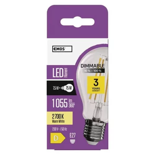 Žiarovka Emos ZF5154D E27/7,5W (75W)/1 055 lm/teplá biela/stmievateľná LED žiarovka s vláknom A60