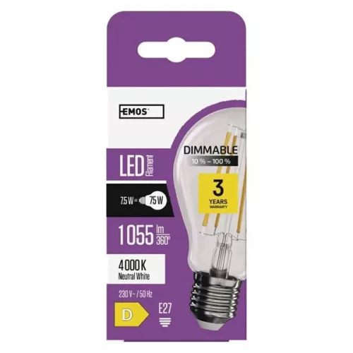 Emos ZF5254D E27 LED žiarovka s vláknom/7,5 W (75 W)/1 055 lm/prírodná biela/stmievateľná s vláknom A60