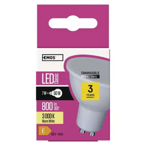Emos ZQ8155D GU10/7W (60W)/800 lm/teplá biela/stmievateľná Klasická LED žiarovka MR16
