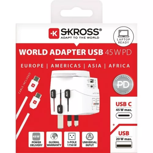 Cestovný adaptér SKROSS 1.302474 PRO Light 45W USB-A/USB-C pre biely svet + kábel typu C
