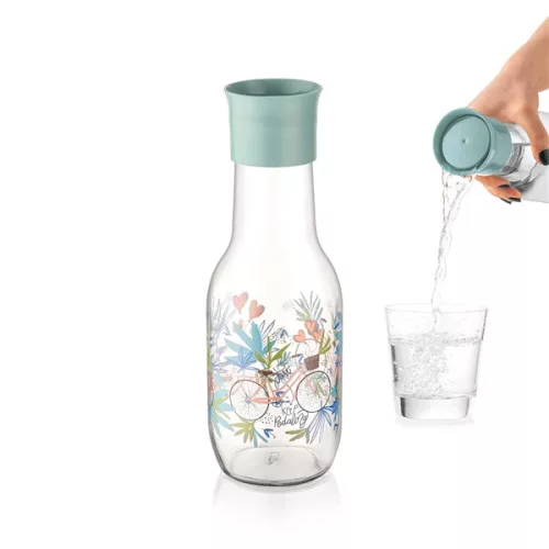 IRIS C-00352 Cană de sticlă Hydra cu model de bicicletă 1.000 ml, mentă sau roz