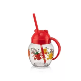   IRIS C-00373 Cană drăguță de sticlă cu pai 370ml, roșie, verde sau galbenă
