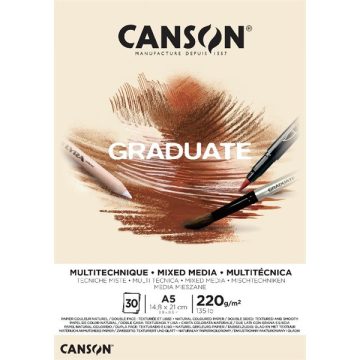   Canson Graduate Mixed Media A5, álló, 220 g/m2, ragasztott, natúr színű rajzpapírtömb