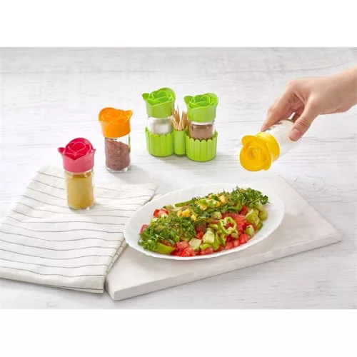 Set de condimente din sticlă IRIS Rose Salt&Pepper cu suport 2 x 67 ml, roșu, violet, verde sau galben HN-1119