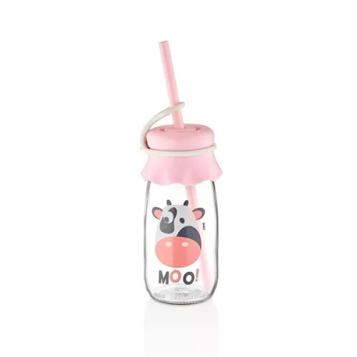 Sticlă de lapte IRIS Milkie Milk cu pai 250ml, culoare roz sau mentă HN-1764