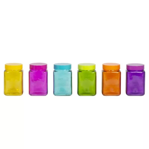 Borcan pătrat de condimente din sticlă IRIS Colours Mix 1.500ml, galben, turcoaz, violet, roz, portocaliu, verde 147019-000