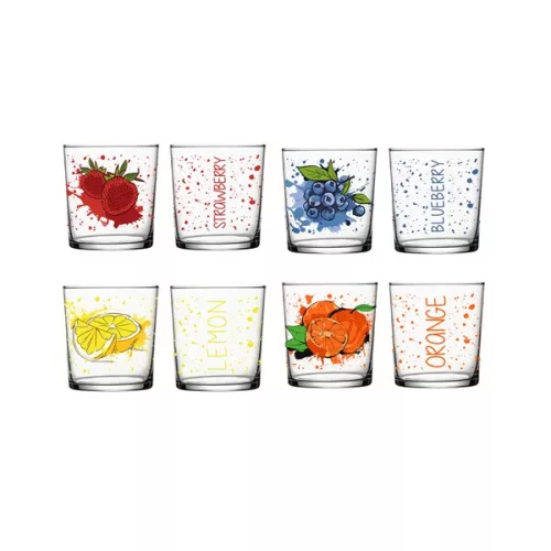 Pahar de sticlă cu model IRIS 345ml, model cu afine, lămâie sau portocală 131700-001