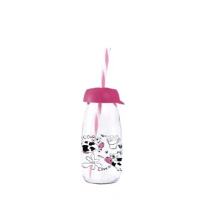 Sticlă IRIS Cow & Milk cu pai 250ml, roz 111722-013P