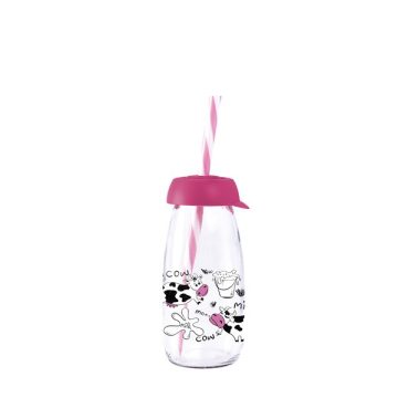   IRIS Cow & Milk üveg palack szívószállal 250ml, rózsaszín 111722-013P