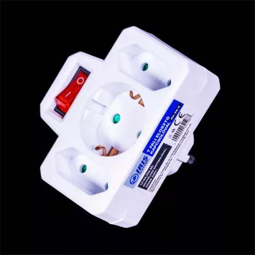 IRIS Electric IEA-3W-K predlžovačka s vypínačom, 3 zásuvky (1 uzemnená + 2 neuzemnené) 1X16A, 2X2,5A