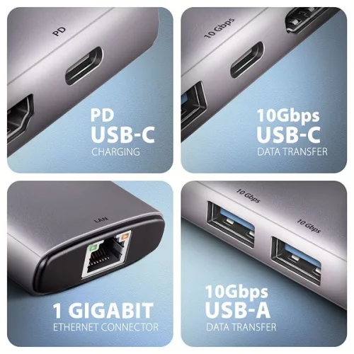 Axagon HMC-6G2L 10Gbps 6v1 sivý hub typu C
