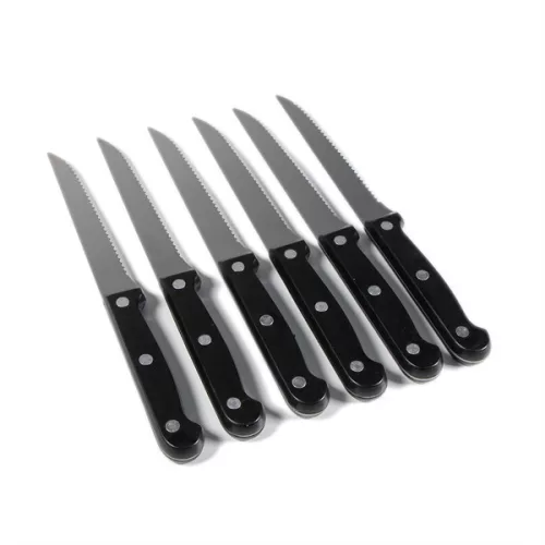 Set cuțite de friptură IRIS KT-602, 7 piese, cu suport (6 cuțite + bloc de depozitare din lemn)