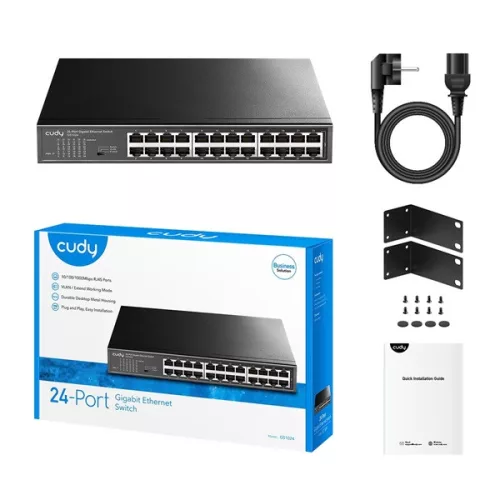 CUDY GS1024 24-portni gigabitni preklopnik, VLAN/Extend način rada, metalno kućište, crni stolni preklopnik
