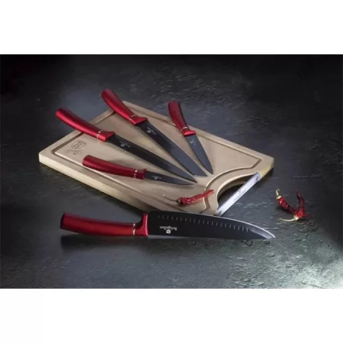 Berlinger Haus BH/2552NO cu tocător din bambus, set de 6 cuțite Metallic Line Burgundy Edition