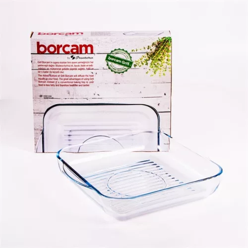 Borcan pătrat din sticlă termorezistentă BORCAM cu mâner 3.250ml, 318*282*60mm