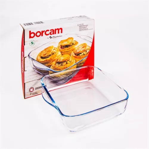 Borcan pătrat din sticlă termorezistentă BORCAM cu mâner 1.950ml, 256*220*60mm