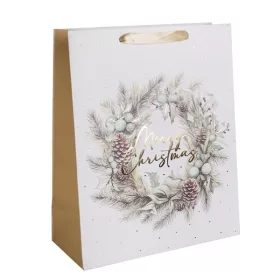   Iris boldog karácsonyt koszorú papírtasak matt fehér/arany 11*14 cm
