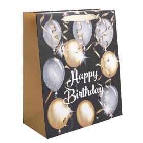  Iris papírtasak matt, "happy bithday" felirattal, fekete alapon, arany/ezüst lufik 31*42 cm