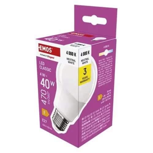 Klasická LED žiarovka Emos ZQ5E23 A60 E27/4 W (40 W)/470 lm/prírodná biela