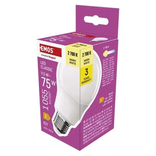 Klasická LED žiarovka Emos ZQ5E51 A60 E27/9,5 W (75 W)/1055 lm/teplá biela