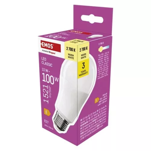 Klasická LED žiarovka Emos ZQ5E61 A60 E27/13 W (100 W)/1521 lm/teplá biela
