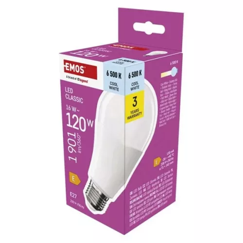 Klasická LED žiarovka Emos ZQ5E74 A70 E27/16 W (120 W)/1901 lm/studená biela