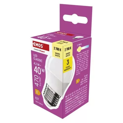 Emos ZQ6E21 E27 klasická mini guľová LED žiarovka/4,2 W (40 W)/470 lm/teplá biela