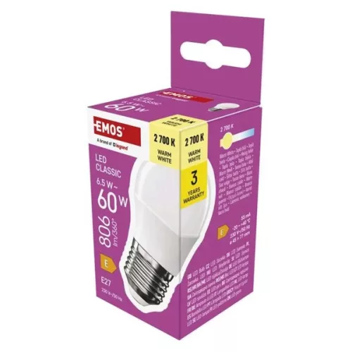 Emos ZQ6E41 E27 klasická mini guľová LED žiarovka/6,5 W (60 W)/806 lm/teplá biela