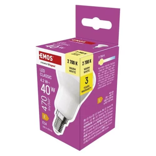 Bec LED Emos ZQ7E21 E14/4,2 W (40 W)/470 lm/alb cald clasic R50/