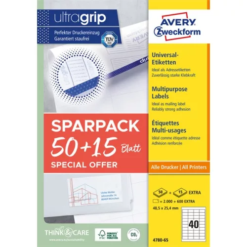 Avery 4780-65 48,5x25,4 mm univerzális 50+15 lap 2600 db-os etikett