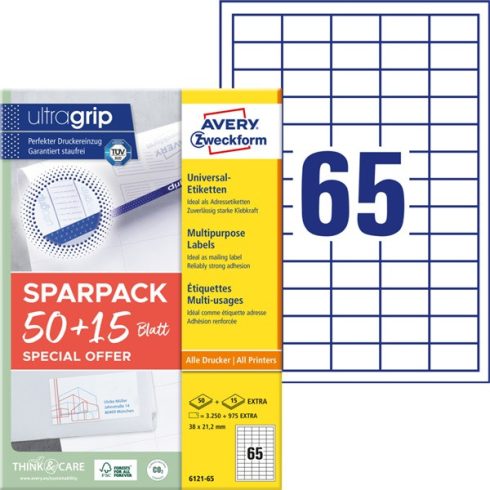 Avery 6121-65 38 x 21,2 mm univerzális 50+15 lap 4225 db-os etikett