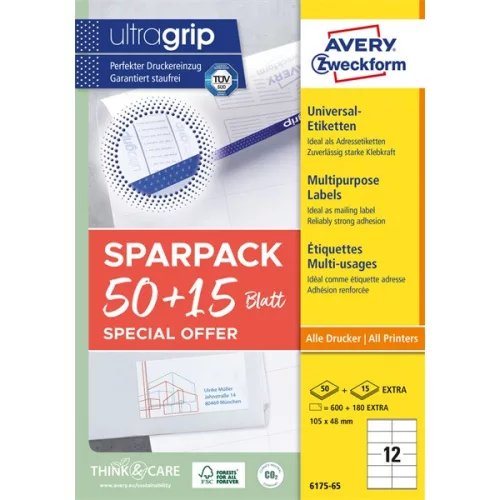 Avery 6175-65 105x48 mm univerzális 50+15 lap 780 db-os etikett