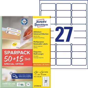   Avery L4737REV-65 63,5x29,6 mm visszaszedhető univerzális 50+15 lap 1755 db-os etikett