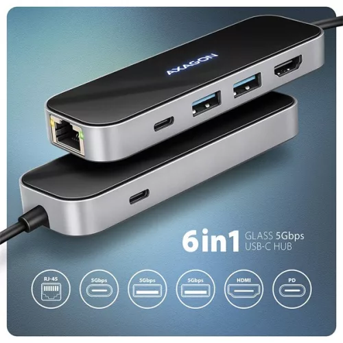 Axagon HMC-6GLN USB-C hub 5 Gbps GLASS 6v1