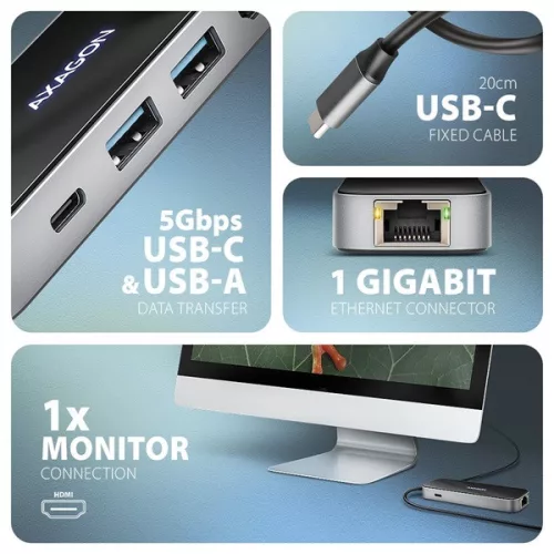 Axagon HMC-6GLN USB-C hub 5 Gbps GLASS 6v1