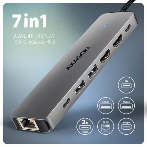 Axagon HMC-7HX2 USB-C 5Gbps DVOJITÝ 4K DISPLEJ 7v1 hub
