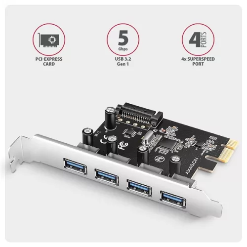 Miesto PCI-Express Axagon PCEU-430RS so 4 portami USB-A s rýchlosťou 5 Gbps