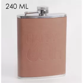  Pahar plat IRIS, oțel inoxidabil, inscripție „happy 60th”, piele ecologică maro 240ml