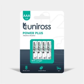   Uniross Power Plus 1,5 V AAA (LR03) Alkaline-Batterien für Mikro-Bleistifte, langlebig, 4 Stück/Packung