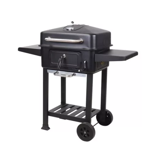 TOO BG-200B schwarzer BBQ-Holzkohlegrillwagen mit zwei Seitentischen