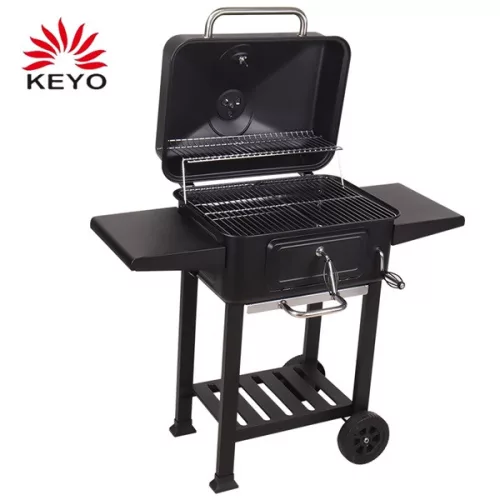 TOO BG-200B schwarzer BBQ-Holzkohlegrillwagen mit zwei Seitentischen