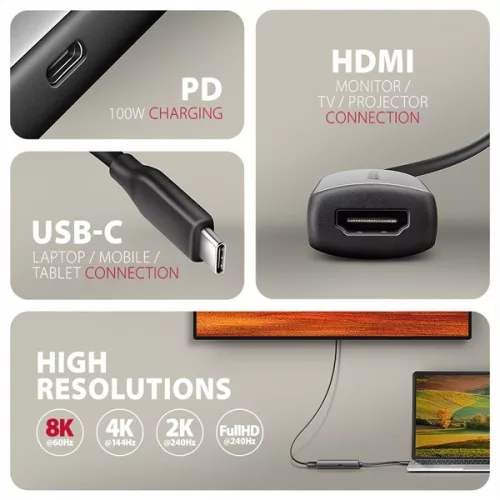 Axagon RVC-HI8KPD 16cm 8K/60Hz PD 100W USB-C - HDMI 2.1 adaptér