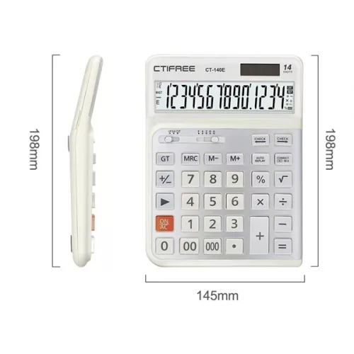 CTIFREE CT-140E fehér ergonómikus számológép, 145x198mm, 14 számjegy, dual power, 2 év garancia