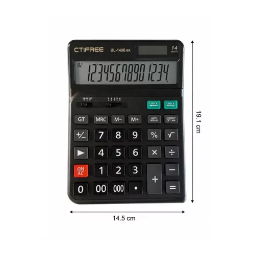 CTIFREE UL-140E-BK fekete ergonómikus számológép, 145x198mm, 14 számjegy, dual power, 2 év garancia