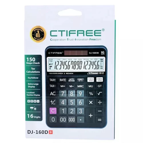 CTIFREE DJ-160Dplus fekete számológép, 145x190mm, 16 számjegy, TAX funkció, dual power, 2 év garancia