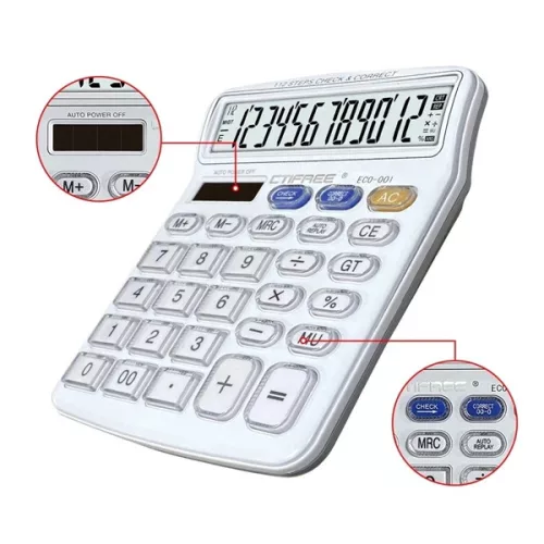 CTIFREE ECO-001 fehér számológép, 120x154mm, 12 számjegy, dual power, 2 év garancia