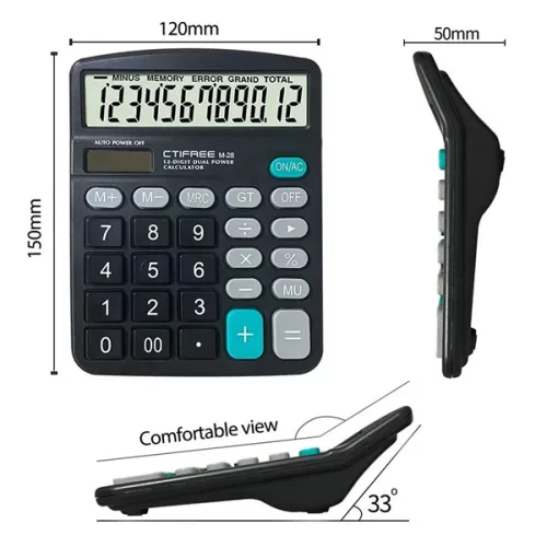 CTIFREE M-28 fekete számológép, 120x150mm, 12 számjegy, dual power, 2 év garancia