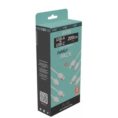 AVAX CB123W – Balenie 4 káblov pre rýchle napájanie cez USB-C s dĺžkou 2 m a prúdom 2,1 A