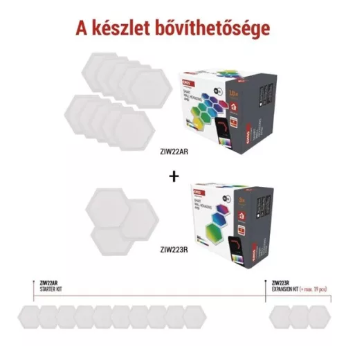 Emos GoSmart Hexagon, indító készlet, 10 rész, 19 W, RGBIC dimmelhető, WiFi LED lámpa