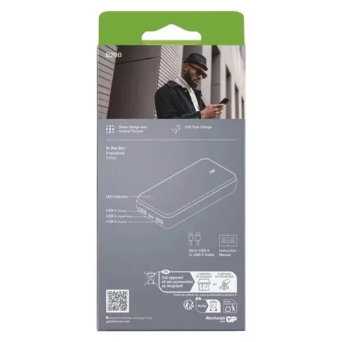 GP B+ Series, 20 000 mAh, 15 W, fekete powerbank